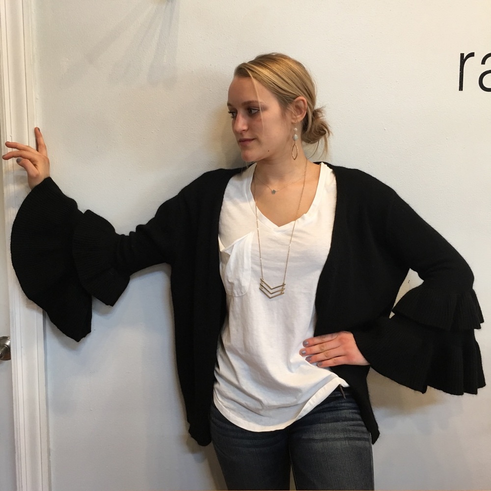 NWT black open cardigan sweater with ruffle sleeve - Picture 3 of 8